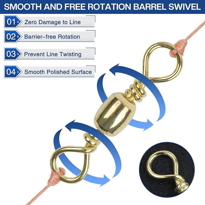 Fishing Barrel Swivels, 200pcs Rolling Ball Bearing Swivels with Solid Ring Fishing Tackle Accessories Hook Line Connector Copper with Stainless Steel Black & Gold Size 2 4 6 8 10