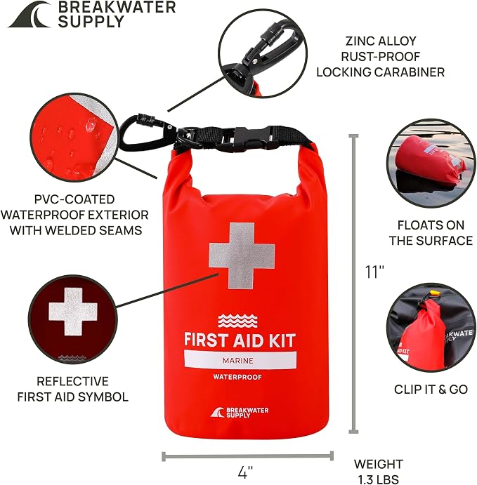 Breakwater Supply Waterproof Marine First Aid Kit for Boat, 100 Piece, Red | Boat Safety Tool Kit, AFAK Emergency Supplies in Dry Bag, IFAK Trauma Kit, for Kayaking, Jet Ski, Fishing, Surfing, Sailing