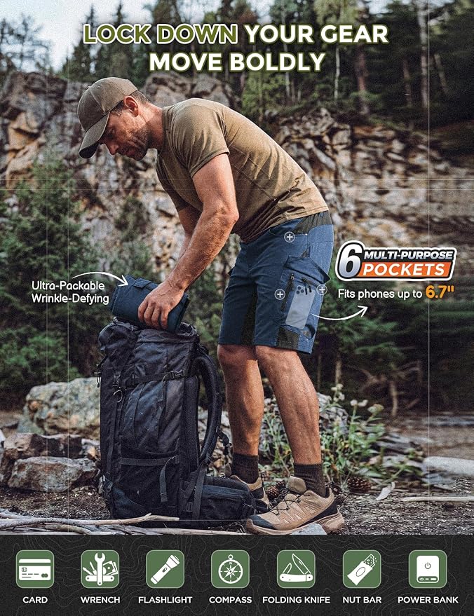 XKTTAC Men's Outdoor Quick Dry Lightweight Stretchy Shorts for Hiking, Tactical, Camping, Travel with 6 Pockets
