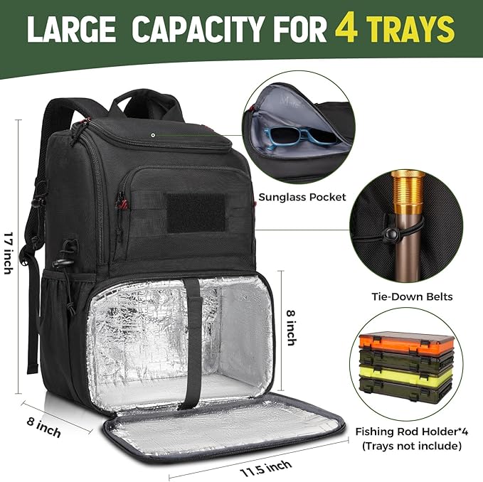 MATEIN Fishing Backpack Tackle Box, Water Resistant Tackle Backpack with Cooler & Rod Holders, Fishing Gifts for Men