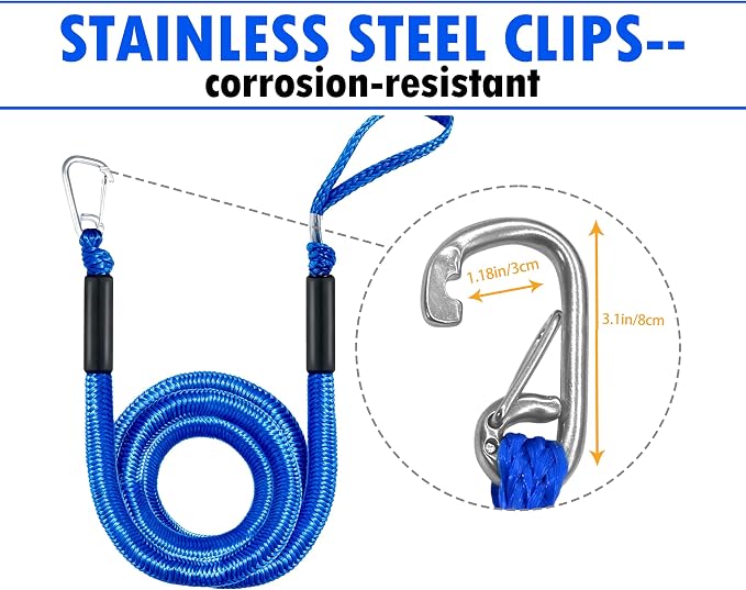 Single Hook Bungee Dock Lines – Heavy-Duty Elastic Mooring Ropes for Boats, PWCs & Kayaks | Adjustable PVC Sleeve | 316 Stainless Steel Clip (1, Blue, 14 Feet)