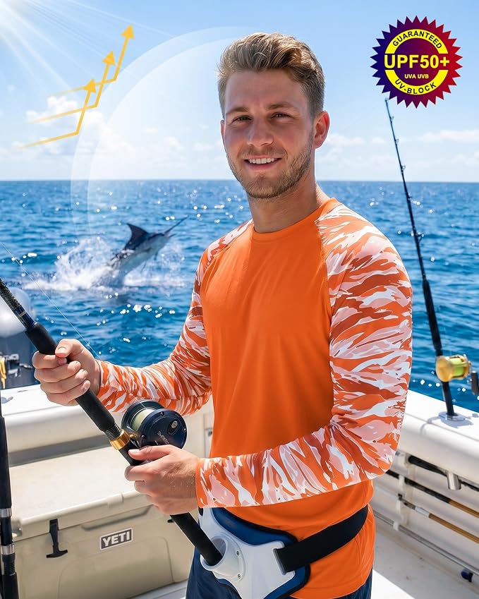 FISHEAL Men's Long Sleeve Fishing Shirts, UPF 50+ Camo Sun Protection Rash Guard, UV Shirt for Swimming Hunting Outdoor