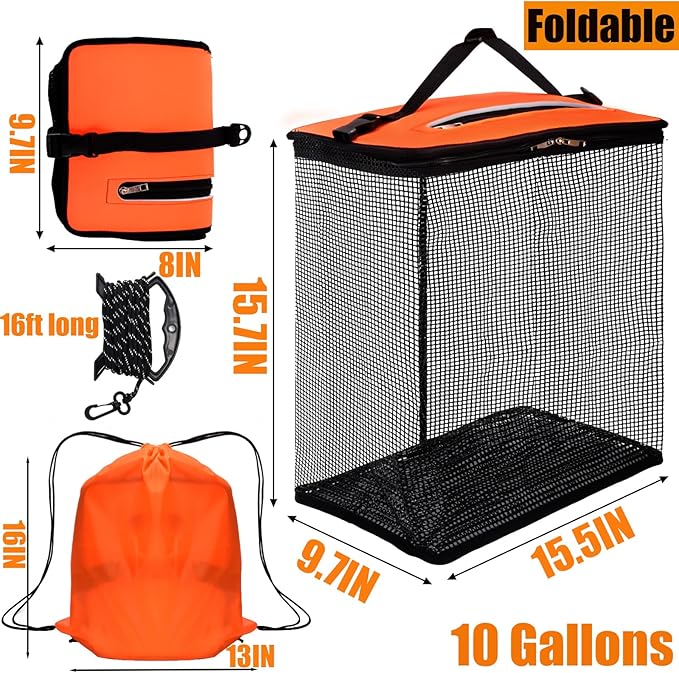 Cedilis Large Floating Fishing Basket for Live Caught Fish, Foldable Floating Fish Net Cage, Collapsible Nylon Mesh Fishing Bag Bait Pen, Portable,10 Gallons, Easy to Clean