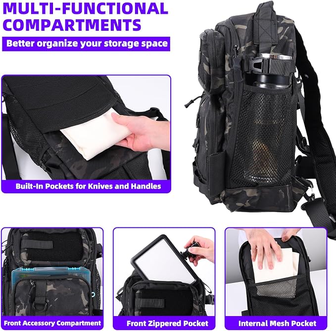Jaylene 16.5Inch Fishing Backpack with Tackle Boxes, Fishing Backpack with Rod Holder, Waterproof Sling Tackle Bag For Gear With Lures, Pliers, Fish Lip Gripper Gifts for Men（103PCS Tool Kit）