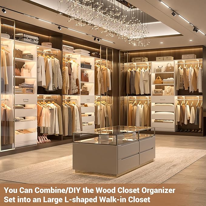 Aheaplus Closet System with 4 Drawers, 8FT Wood Closet Organizer System, 96’’ Closets Built In System Tower with Shelves, Walk-in Closets Wardrobe Clothes Garment Rack, Fits Spaces 4-9 ft, White
