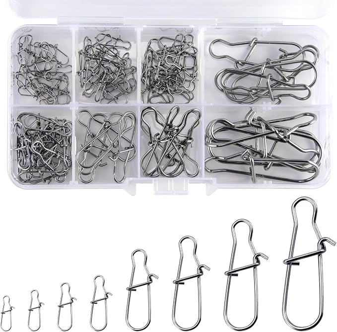 Alownder 100-Pack Fishing Snaps Duo Lock Snaps Kit, 37-183LB Stainless Steel Lure Snap Speed Quick Change Clips, 1-8# High Strength Fast Snap Swivels Hooks Lures Connector Set Freshwater Saltwater