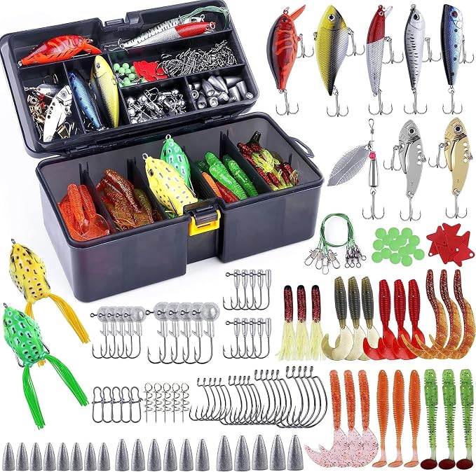 PLUSINNO Fishing Lures Fishing Tackle Box Fishing Gifts for Men, Bass, Trout Fishing Accessories Kit for Saltwater & Freshwater Fishing Gear Including Topwater Lures, Hooks, Spinnerbaits