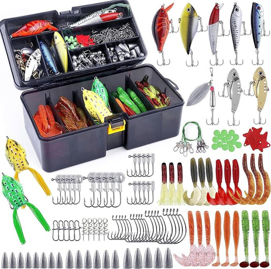 PLUSINNO Fishing Lures Fishing Tackle Box Fishing Gifts for Men, Bass, Trout Fishing Accessories Kit for Saltwater & Freshwater Fishing Gear Including Topwater Lures, Hooks, Spinnerbaits