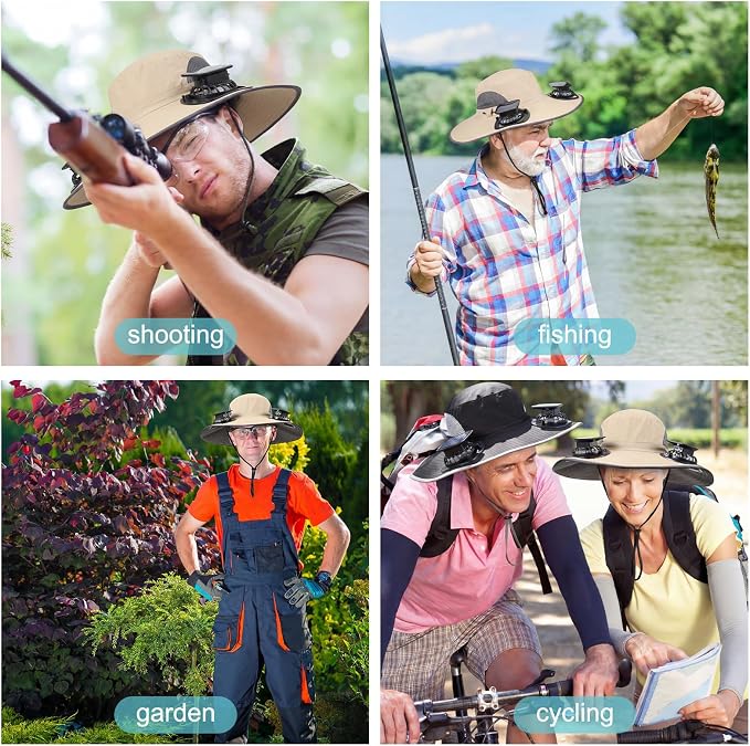 Glitopper 2 Set Wide Brim Solar Fan Hats with 2 Solar Fan and Arm Sleeves Set Outdoor Fishing Bucket Hat for Men Women Hiking