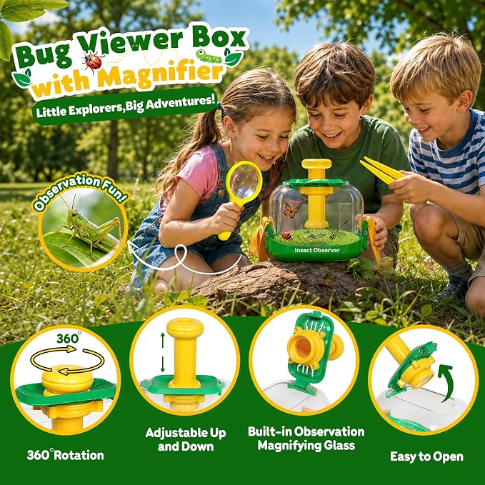 Bug Catcher Kit for Kids, 360° Rotating Insect Observation Box with Magnifying Glass, Scissor Tongs & Tweezers - STEM Outdoor Exploration Toys, Nature Adventure Learning Gift for Toddlers Boys Girls