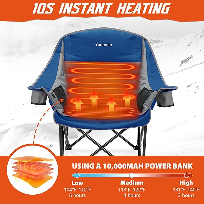 Youtanic Oversized Extra Large Heated Padded Camping Chair up to 500lbs, 3 Heat Levels Camp Chair with Carry Bag, Outdoor Heating Folding Chairs for Adults, Fishing, Sports, Picnic, Gray-Blue