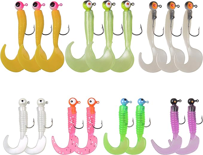 Grub Lures Fishing Jigs Head Hooks Kit- Crappie Jigs Soft Plastic Grub Tail Worm Lure Bait Buster Tubes Baits for Bass Trout Saltwater Freshwater Fishing