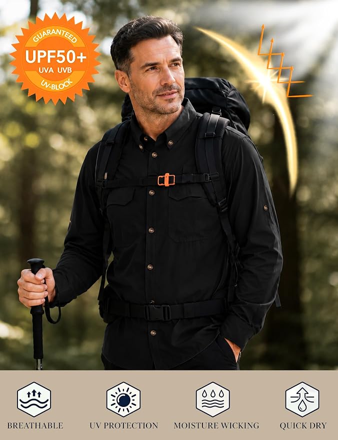 Roadbox Men's Sun Protection Fishing Shirt, Long Sleeve Cool Dry Lightweight UPF 50+ Shirts for Hiking Safari Camping Travel