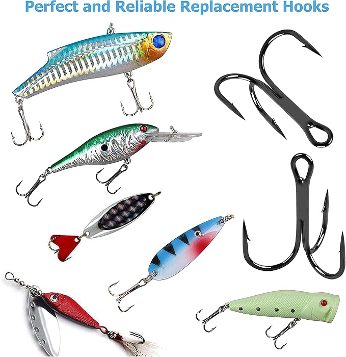 Fishing Treble Hooks Kit High Carbon Steel Treble Fishing Hooks Ring Set Strong Sharp Round Bend for Trout Bass Catfish Lures Baits Freshwater Saltwater