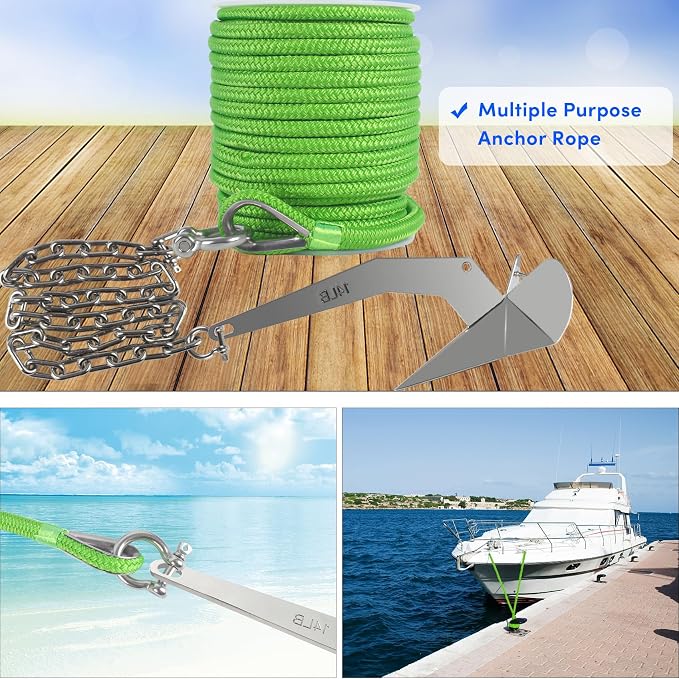 Boat Anchor Rope 150 ft x 1/2 inch Grass Green, Double Braided Anchor Line with Stainless Steel Thimble & Shackle, Marine Rope Ideal for Towing, Mooring, Decks, Anchoring, for Boats Up to 35'
