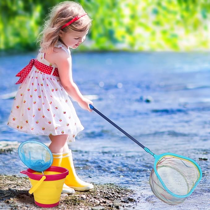 2 Pack Telescopic Kids Fishing Net with Handle, 2 Collapsible Bucket Sand Pail, Stainless Steel Foldable Fishing Net Small Fishing Butterfly Bug Net Beach Shovel with Storage Bag