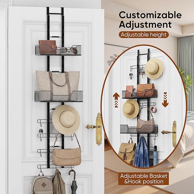 Purse Organizer, Bag Organizer for Closet Door, Over The Door Hanging Handbag Storage Rack with Adjustable 12 Metal Hooks & 2 Baskets, Foldable, No Tools Installation