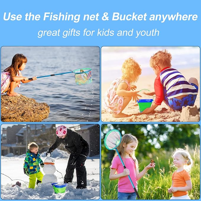 Kids Fishing Net, 2 Pack Telescopic Landing Nets with Aluminum Pole Handle, Collapsible Bucket Sand Pail, Butterfly Net, Fishing Net for Youth, Outdoor Playing