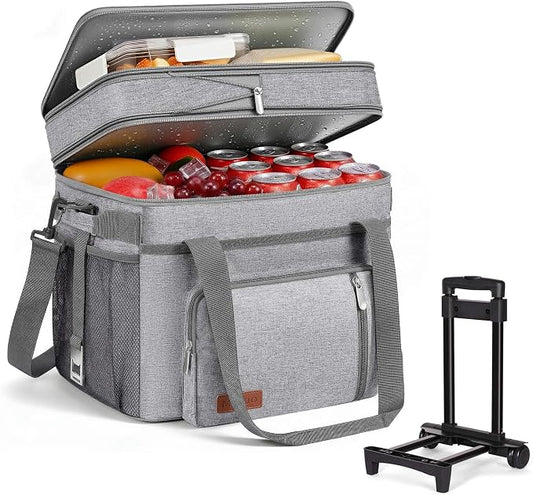 MIYCOO Cooler Bag with Wheels Double Deck - 60 Can Leakproof Insulated Portable Soft Lunch Cooler, Extra Large Expandable Ice Chest Cooler for Beach, Picnic, Camping, Shopping(Gray)