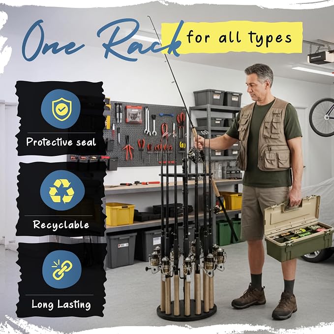 Rush Creek Creations | Fishing Rod Holder for 16 Rods, Fishing Pole Holder for Garage Organization and Storage, for Fishing Reels, Fishing Gear, Fishing Accessories, Tackle Box (360° Access))