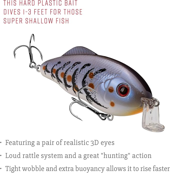 Strike King Hybrid Hunter Shallow Jr. Fishing Lure, Shallow Diving Crankbait, 90-Degree Bill, 3D Eyes, Loud Rattle, Dives 1 to 3-Feet,Size 4 & 6 Treble Hooks