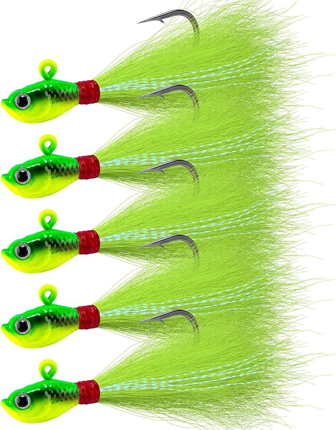 Alwonder 5-Pack Bucktail Jigs Hair Jigs Saltwater Freshwater Fishing Bucktail Lures Surf Fishing Jig Heads White Luminous Chartreuse Swimbait Jig for Bass Flounder Striper Bluefish Halibut Redfish
