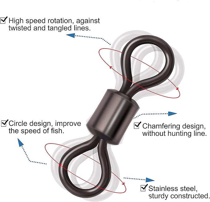 Barrel Fishing Swivels Kit 500pcs Rolling Swivels Fishing Tackle Saltwater Heavy Duty Fishing Line Connectors Black Stainless Steel Bearing Swivels for Saltwater Freshwater 30-97Lbs