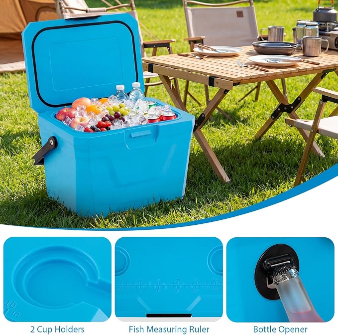 COSTWAY Insulated Portable Cooler, Hard Shell Ice Chest w/ 2 Cup Holders, Bottle Opener, Drain Plug, 3-Day Ice Retention, Outdoor Leak-Proof Dry Box for Beach, Camping, Fishing, Picnic