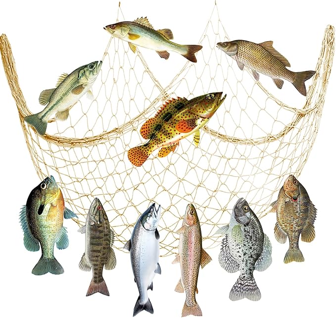 Gone Fishing Party Decorations Kit with Large Fishing Net & 10 Fake Fish Cutouts, Under The Sea Theme Wall Table Fish Decor for Avid Fisherman Birthday First Year Ocean Animal Photo Backdrop Supplies