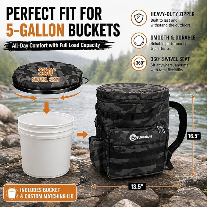 FUNHORUN Fishing Bucket Organizer with 5 Gallon Bucket & 360° Rotating Seat Lid, Fishing Tackle Bag with Backpack Straps, Full Water-Resistant Design & Multi-Pockets (Fishing Tools Not Included)