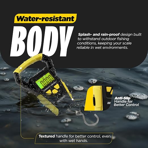 Beyond Fishing Digital Scale with Built-in Tape Measure – Weighs Up to 110lbs - LCD Display, Ounces - Pounds - Kilograms - Ergonomic Grip, Battery Powered, Portable Fish Weigher for Anglers