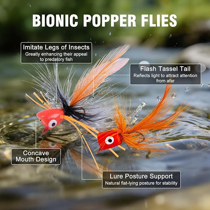 Goture Fly Fishing Poppers Lures, Topwater Popper Flies Bugs Lure, Fly Fish Poppers Fishing Lures Kit, Dry Flies for Panfish Bluegill Crappie Sunfish Bass Trout Salmon