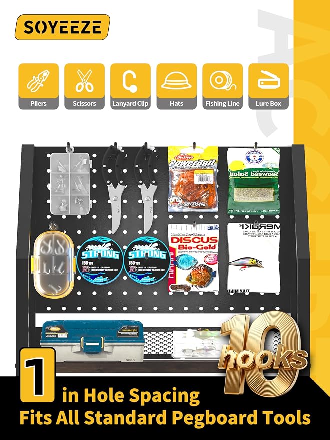 SOYEEZE Fishing Rod Holders for Garage with Pegboard and Lockable Wheels, 3-Tier Fishing Pole Rack with 10 Hooks, Fishing Gear Tackle Box Organizer Up to 12 Rods, Rolling Fishing Storage Cart