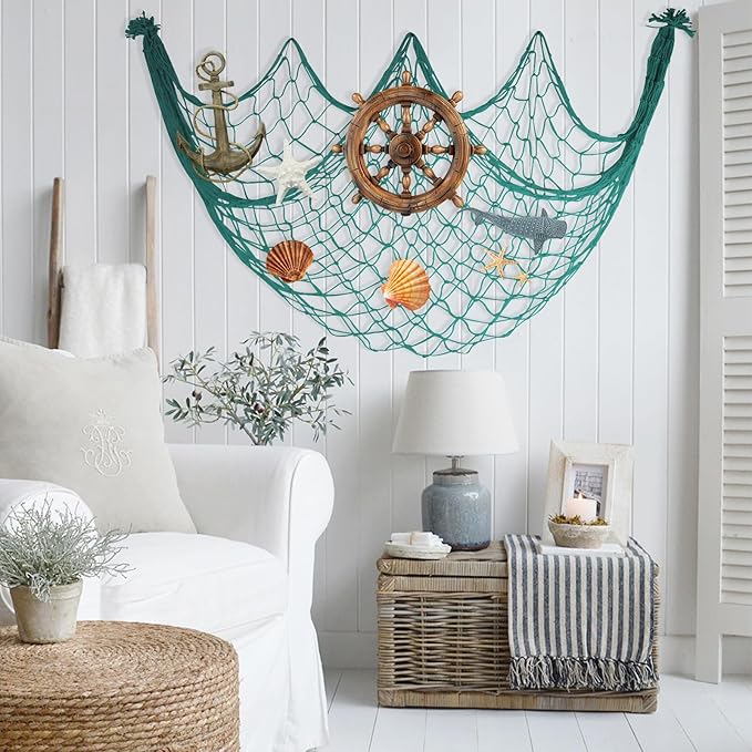 10x5 Feet X-Large Decorative Fishing Net for Party - 2 Pack Aqua Fish Net Decor Mermaid Net Under The Sea Hawaiian Party Decorations, 3mm Natural Cotton Nautical Netting Wall Table Ocean Beach Decor
