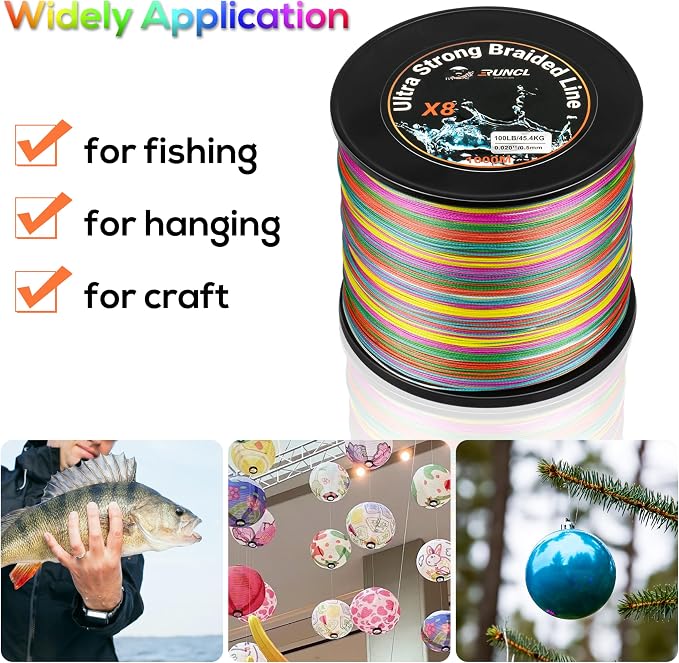RUNCL 8 Strands Braided Fishing Line - High Visibility Colored Braid Line, Super Strong, Abrasion Resistant, No Stretch, 328yds/546yds/1093yds, 12lb to 100lb for Saltwater or Freshwater Fishing