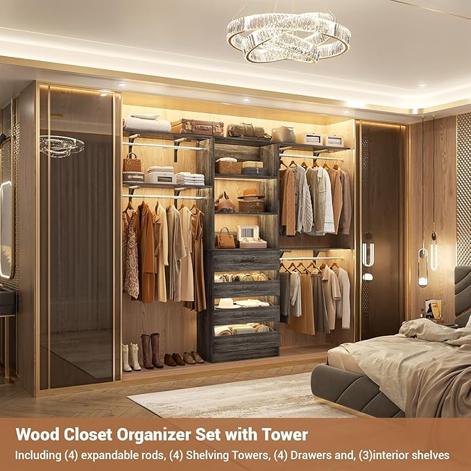 Aheaplus Closet System with 4 Drawers, 8FT Wood Closet Organizer System, 96’’ Closet Built In System Tower with Shelves, Walk-in Closet Wardrobe Clothes Garment Rack, Fits Spaces 4-9 ft, Black Oak