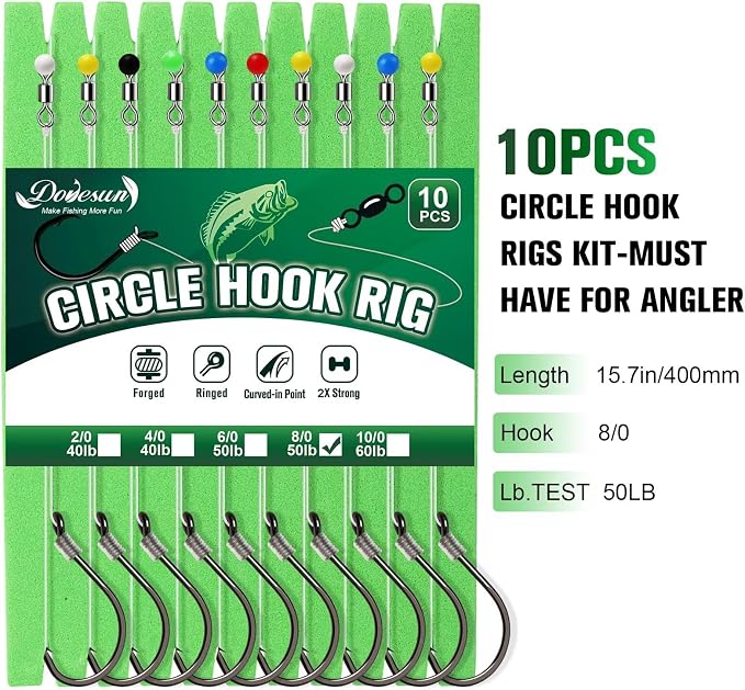 Dovesun 10PCS Pre-Rigged Catfish Rig Circle/Octopus Hooks Rigs for Catfish Offset Circle Fishing Hooks for Saltwater Freshwater 2/0 3/0 4/0 5/0 6/0 7/0 8/0 10/0