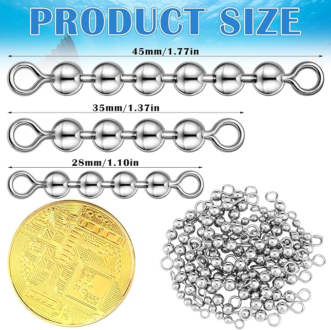 Soulchen 30 Pack Fishing Bead Chain Swivels Set, 3 Size Stainless Steel Catfish Trolling Swivels High Speed Fishing Tackle Rig Gear for Freshwater Saltwater, 4/6 Bead 1/8'', 3/16'', 3/16''