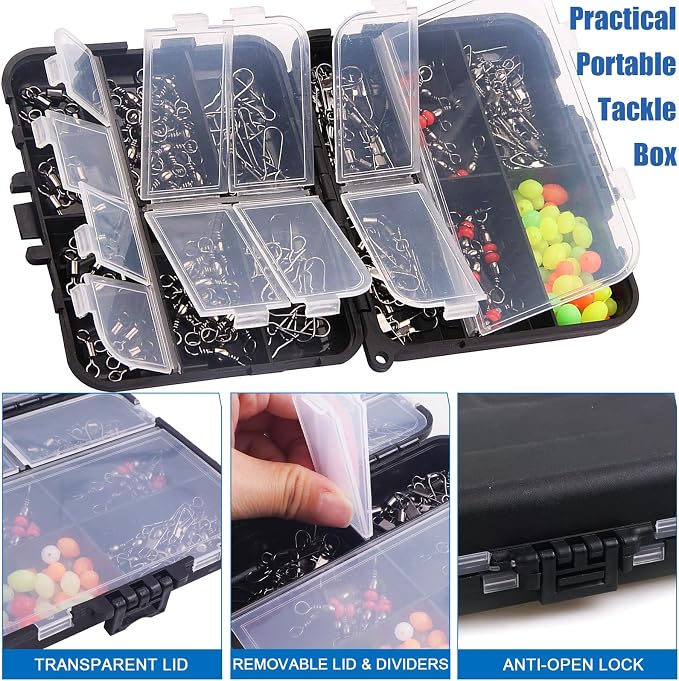 140pcs Fishing Swivels Tackle Kit, Include Ball Bearing Barrel Swivels, 3 Way Swivels, Fishing Swivels with Snaps, High Strength Swivels Fishing Tackle Box for Bass Trout Freshwater Saltwater