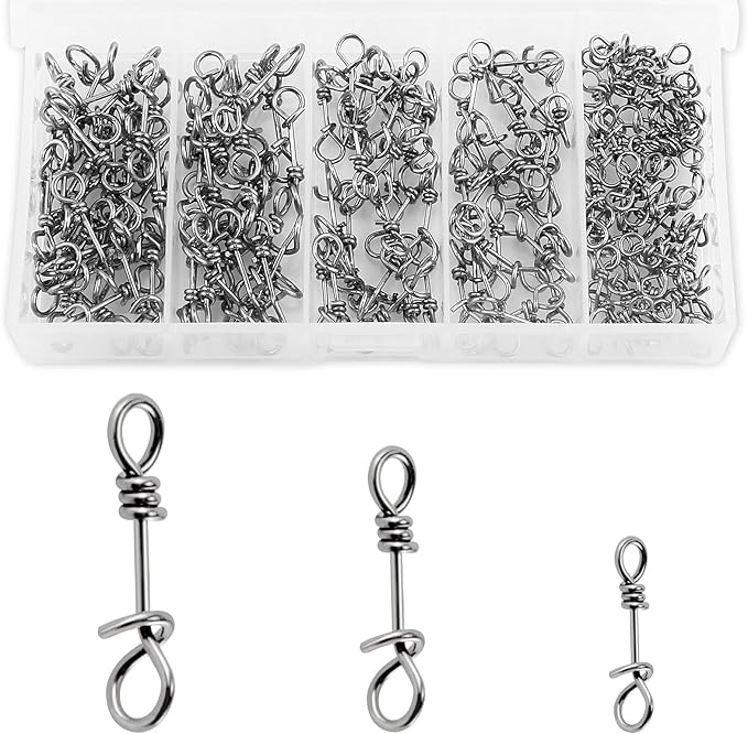 Alwonder 150-Pack Fly Fishing Snaps Twist Clips, 3/5 Sizes Stainless Steel Quick Change Lure Snaps No Knot Clip Quick Snap Fast Snap Lure Connector for Jigs Lures Fishing Clips Swivels Terminal Tackle