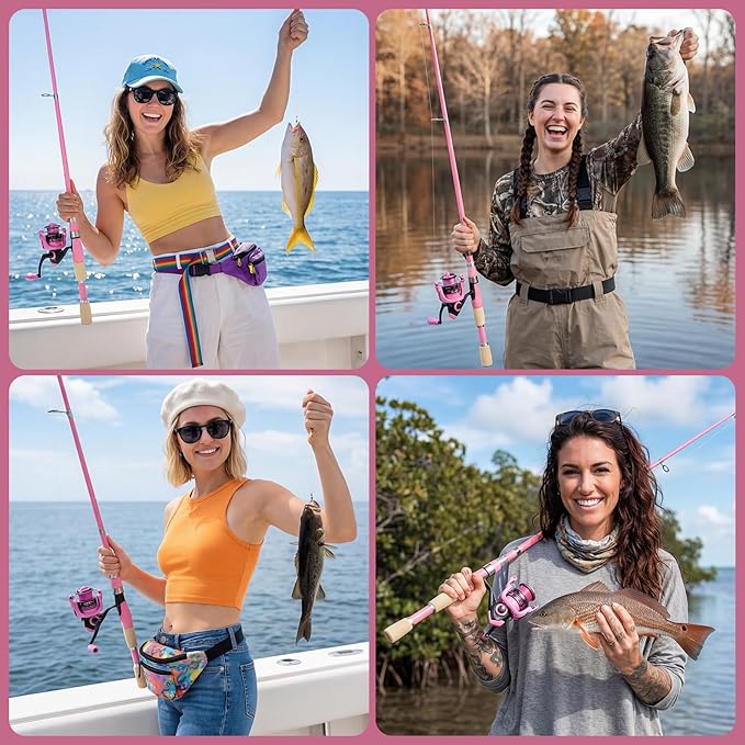 2PCS Pink Telescopic Fishing Rod Reel Combo, Portable Collapsible Spinning Pole with Smooth Reel, Lures Tackle Box Kit, Travel Bag Saltwater Freshwater Fishing Gear Gift for Women Girls Family