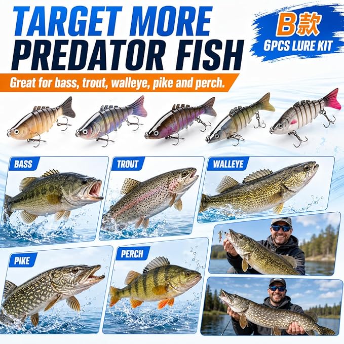 SANWEAL 6PCS Multi Jointed Fishing Lures Kit, 2 Size Slow Sinking Swimbait Hard Baits with 3D Eyes and Treble Hooks, Segmented Baitfish Artificial Fishing Bait for Bass Trout Freshwater Saltwater