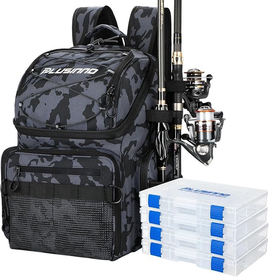 PLUSINNO Cooler Fishing Backpack with Rod Holders 45L Large Water-resistant Fishing Tackle bag Store Fishing Gear Fishing Gifts for Men Father