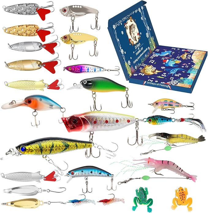24-Piece Fishing Lure Kit Tackle Box Set - Premium Bass Lures Variety Pack with Poppers, Minnows, Frogs & Soft Baits - Freshwater Saltwater Gift for Men Dad Husband