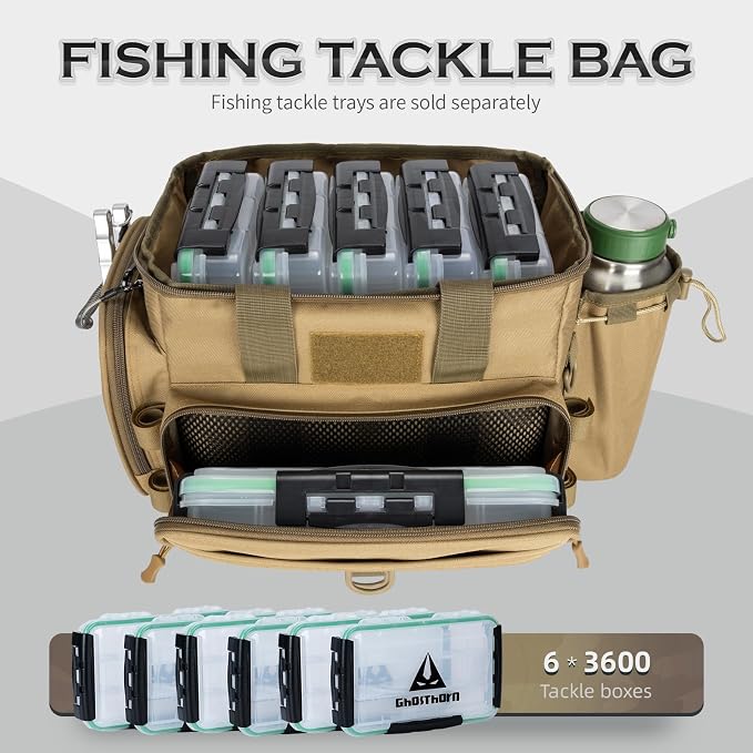 Ghosthorn Fishing Tackle Bag with Rod Holder Saltwater & Freshwater Resistant Tackle Box Bag - Adjustable Padded Shoulder Strap (Khaki)