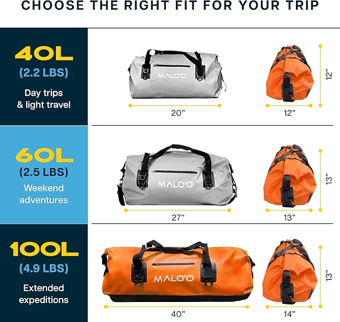 Malo’o Waterproof Dry Duffel, Heavy-Duty Roll Top Waterproof Gear Bag with Shoulder Strap & Molle Loops, Marine Duffel for Kayaking, Boating, Camping, Beach & Travel, Orange, 100L