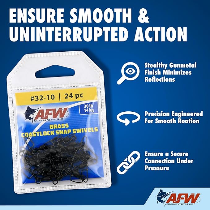 AFW Brass Coastlock Snap Swivels – Durable Fishing Gear with High-Strength Wire Snaps, Black Oxide Finish, Prevents Line Twisting & Kinking, Supports Up to 350 lb Test.