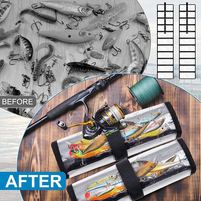 Soulchen 2 Pcs Roll up Fishing Lure Wraps Lure Covers Set 10 Pocket Fishing Hook Covers Clear PVC Bait Bag Tackle Storage Bags & Wraps Easily See Lures Storage Organizer Protector(Black)