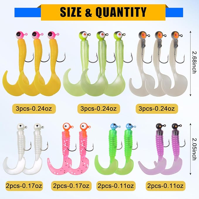 Grub Lures Fishing Jigs Head Hooks Kit- Crappie Jigs Soft Plastic Grub Tail Worm Lure Bait Buster Tubes Baits for Bass Trout Saltwater Freshwater Fishing