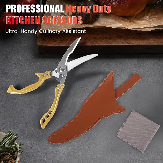 ANDONG Heavy Duty Kitchen Poultry Shears with Serrated Edge, Spring Loaded Kitchen Scissors, Professional Chicken Shears, Gold